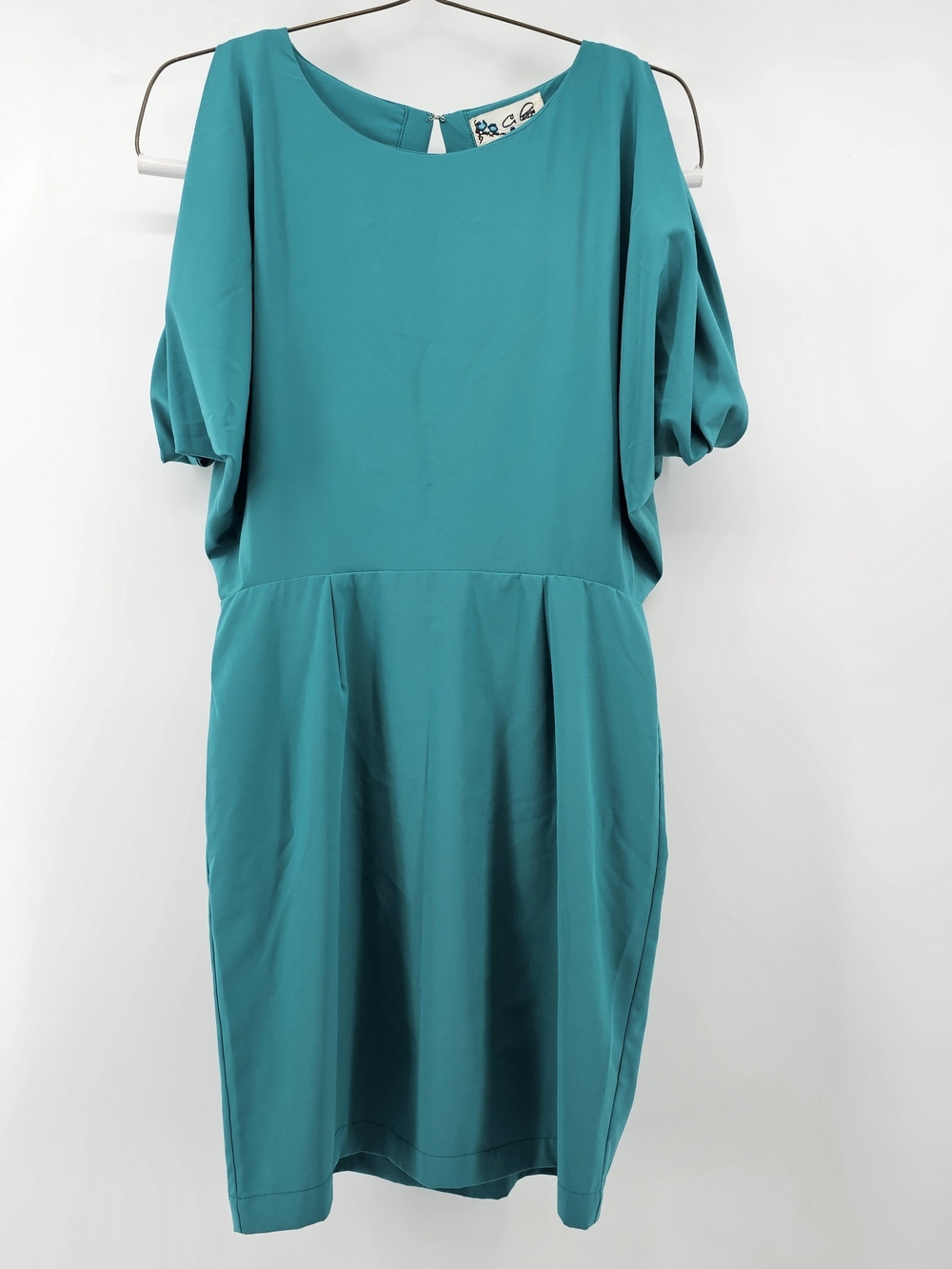 C. Luce Teal Cold Shoulder Pleated Sheath Mini Dress Keyhole Back Size M